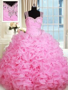 Straps Sleeveless 15 Quinceanera Dress Floor Length Beading and Ruffles Rose Pink Organza