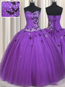 Decent Eggplant Purple Lace Up Sweet 16 Dresses Beading and Appliques Sleeveless Floor Length
