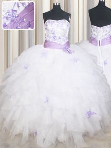 Lovely White Strapless Neckline Beading and Ruffles and Belt Quince Ball Gowns Sleeveless Lace Up
