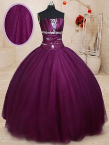 Dark Purple Ball Gowns Strapless Sleeveless Tulle Floor Length Lace Up Beading Quinceanera Dresses