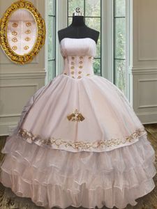 Attractive Strapless Sleeveless Organza and Taffeta Quince Ball Gowns Beading and Embroidery and Ruffles Lace Up