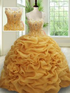 Straps Sleeveless Quinceanera Dresses With Brush Train Beading and Pick Ups Gold Organza