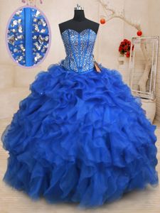 Halter Top Light Blue Sleeveless Organza Lace Up Quince Ball Gowns for Military Ball and Sweet 16 and Quinceanera