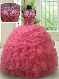 Fashion Scoop See Through Beading and Ruffles and Pick Ups Sweet 16 Dress Pink Lace Up Sleeveless Floor Length