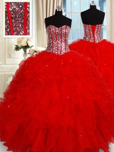Red Lace Up Quince Ball Gowns Ruffles and Sequins Sleeveless Floor Length