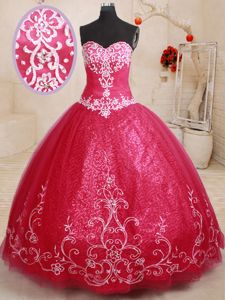 Coral Red Tulle Lace Up Quinceanera Dama Dress Sleeveless Floor Length Beading and Appliques and Embroidery