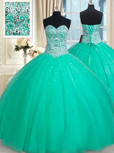 Glorious Turquoise Lace Up Sweetheart Beading Sweet 16 Dresses Tulle Sleeveless