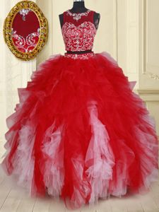 Two Pieces See Through White and Red Scoop Zipper Beading and Ruffles Sweet 16 Dresses Sleeveless
