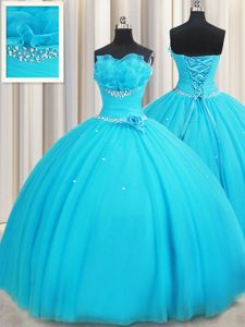 Aqua Blue Sleeveless Tulle Lace Up Ball Gown Prom Dress for Military Ball and Sweet 16 and Quinceanera