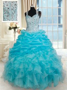 Fabulous Straps Straps Cap Sleeves Organza Floor Length Zipper 15 Quinceanera Dress in Eggplant Purple for with Beading and Ruffles