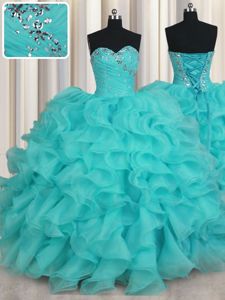 Sweetheart Sleeveless Lace Up Sweet 16 Quinceanera Dress Aqua Blue Organza