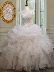 Trendy Pick Ups White Sleeveless Organza Lace Up Sweet 16 Quinceanera Dress for Military Ball and Sweet 16 and Quinceanera