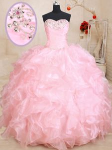 Baby Pink Ball Gowns Organza Sweetheart Sleeveless Beading and Ruffles Floor Length Lace Up Quince Ball Gowns