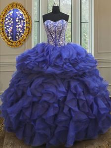 Beading and Ruffles Sweet 16 Quinceanera Dress Royal Blue Lace Up Sleeveless Floor Length