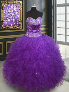 Decent Hot Pink Ball Gowns Organza Sweetheart Sleeveless Beading and Ruffles Floor Length Lace Up Sweet 16 Dress