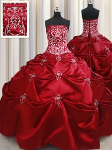 Superior Strapless Sleeveless Sweet 16 Dress Floor Length Beading and Pick Ups Wine Red Taffeta