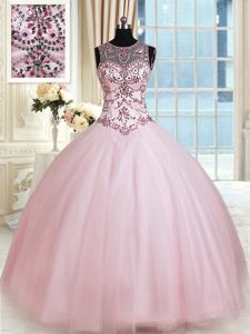 Shining Scoop Sleeveless Lace Up Sweet 16 Quinceanera Dress Baby Pink Tulle