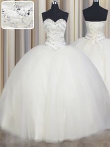 Beautiful White Sleeveless Tulle Lace Up Quinceanera Dress for Military Ball and Sweet 16 and Quinceanera
