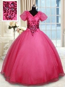 Smart Coral Red Lace Up 15th Birthday Dress Beading Short Sleeves Floor Length