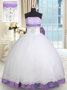 Glamorous White And Purple Lace Up Strapless Beading and Lace and Bowknot Quinceanera Dress Taffeta and Tulle Sleeveless