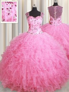 Adorable Straps Straps Sleeveless Tulle Floor Length Zipper Vestidos de Quinceanera in Rose Pink for with Beading and Ruffles