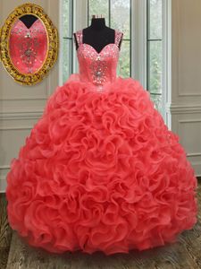 Cute Straps Straps Coral Red Sleeveless Organza Zipper Ball Gown Prom Dress for Military Ball and Sweet 16 and Quinceanera