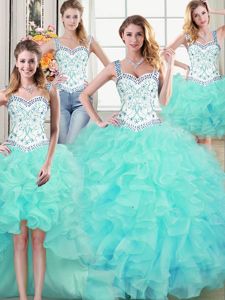 Four Piece Aqua Blue Straps Lace Up Beading and Lace and Ruffles Quinceanera Dress Sleeveless