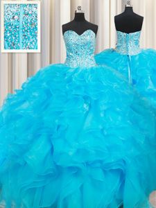 Sumptuous Baby Blue Sweetheart Neckline Beading and Ruffles Vestidos de Quinceanera Sleeveless Lace Up