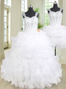 Custom Designed Three Piece Royal Blue Organza Lace Up 15 Quinceanera Dress Sleeveless Floor Length Beading and Ruffles