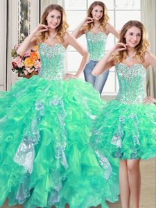 Eye-catching Three Piece Turquoise Lace Up Sweetheart Beading and Ruffles and Sequins Vestidos de Quinceanera Organza Sleeveless