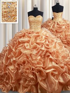 Charming Pick Ups Champagne Sleeveless Organza Court Train Lace Up Quinceanera Gown for Military Ball and Sweet 16 and Quinceanera