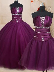 Three Piece Dark Purple Ball Gowns Beading Quince Ball Gowns Lace Up Tulle Sleeveless Floor Length