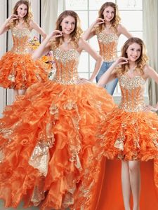 Fancy Four Piece Sequins Orange Sleeveless Organza Lace Up 15th Birthday Dress for Military Ball and Sweet 16 and Quinceanera