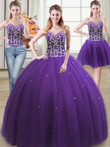 Discount Three Piece Floor Length Purple Quinceanera Dress Sweetheart Sleeveless Lace Up