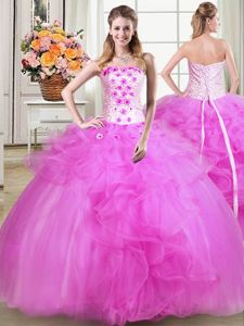 Cheap Sleeveless Floor Length Beading and Appliques and Embroidery Lace Up Dama Dress with Fuchsia
