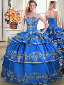 Fashionable Blue Taffeta Lace Up Vestidos de Quinceanera Sleeveless Floor Length Beading and Embroidery and Ruffled Layers