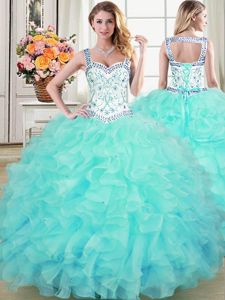 Straps Straps Organza Sleeveless Floor Length 15 Quinceanera Dress and Beading and Lace and Ruffles