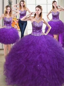 Fancy Four Piece Tulle Sleeveless Floor Length Quinceanera Dress and Beading and Ruffles