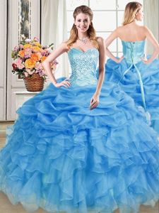 Blue Sleeveless Beading and Ruffles and Pick Ups Floor Length Quinceanera Dresses