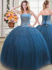 Sweetheart Sleeveless Sweet 16 Dresses Floor Length Beading Teal Tulle