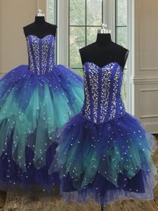 Vintage Three Piece Sleeveless Floor Length Beading and Ruffles Lace Up Quinceanera Dresses with Multi-color