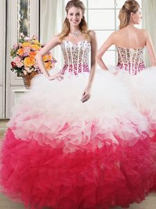 Pretty Sweetheart Sleeveless Lace Up Quince Ball Gowns Pink And White Organza