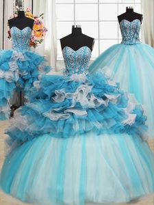 Fashion Beading and Ruffles Quinceanera Gown Blue And White Lace Up Sleeveless Floor Length