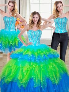 Three Piece Sleeveless Lace Up Floor Length Beading and Ruffled Layers Quinceanera Gowns
