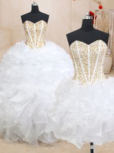 Dramatic Three Piece White Sleeveless Organza Lace Up 15 Quinceanera Dress for Military Ball and Sweet 16 and Quinceanera