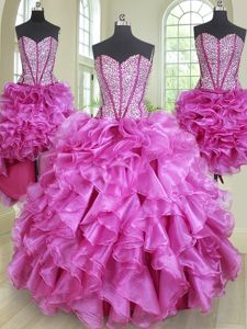 Pretty Four Piece Sleeveless Floor Length Beading and Ruffles Lace Up Quinceanera Dresses with Fuchsia