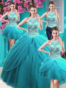Four Piece Halter Top Aqua Blue Sleeveless Floor Length Beading and Pick Ups Lace Up Quinceanera Gowns
