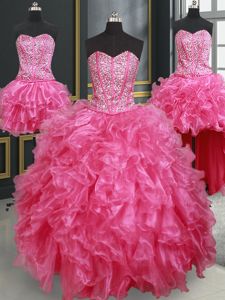 Four Piece Floor Length Lace Up Quinceanera Gown Hot Pink and In for Military Ball and Sweet 16 and Quinceanera with Beading and Ruffles