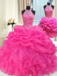 Nice Three Piece Halter Top Sleeveless Organza Quinceanera Gowns Beading and Ruffles and Pick Ups Lace Up