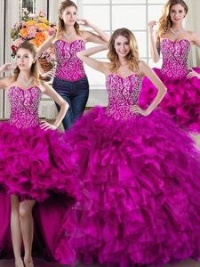 Noble Four Piece Fuchsia Organza Lace Up Sweetheart Sleeveless 15 Quinceanera Dress Beading and Ruffles